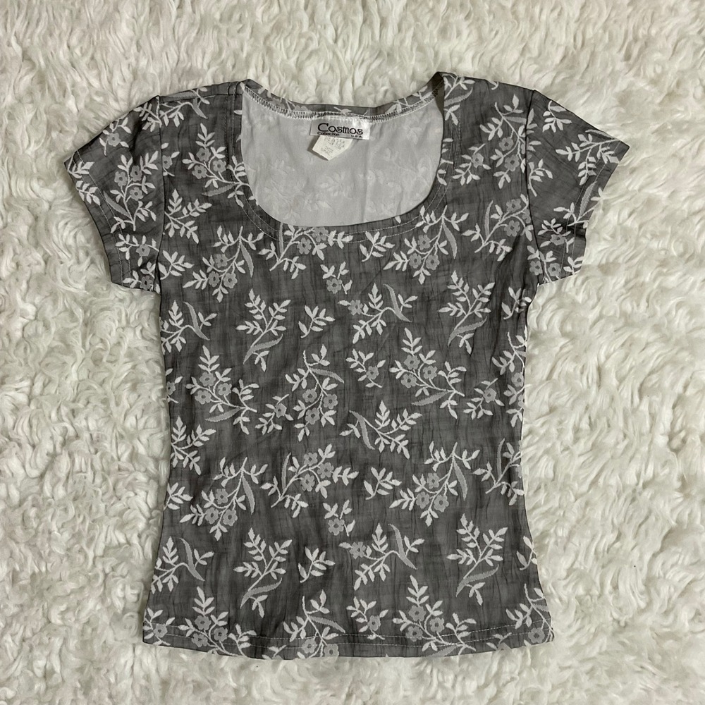 Vintage Cosmos Collection Blue‎ Floral Jacquard Cottagecore Baby Tee S Made USA
